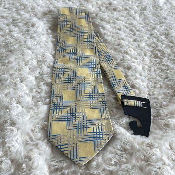 LAMBERTI  Men’s Silk Tie Geometric Print Yellow Blue Made in Italy - Picture 2 of 8